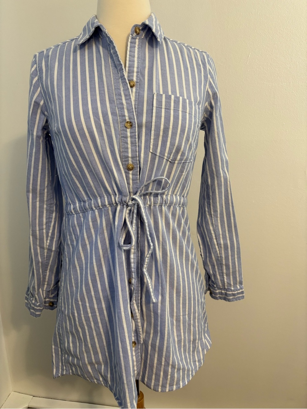 Striped Button-Front Drawstring Tunic Shirt Dress in Light Blue & White